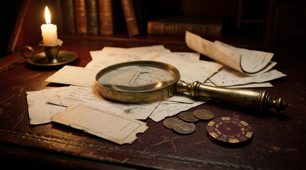 Antique brass magnifying glass over scattered blank vouchers and gold coins, myth-checking mood