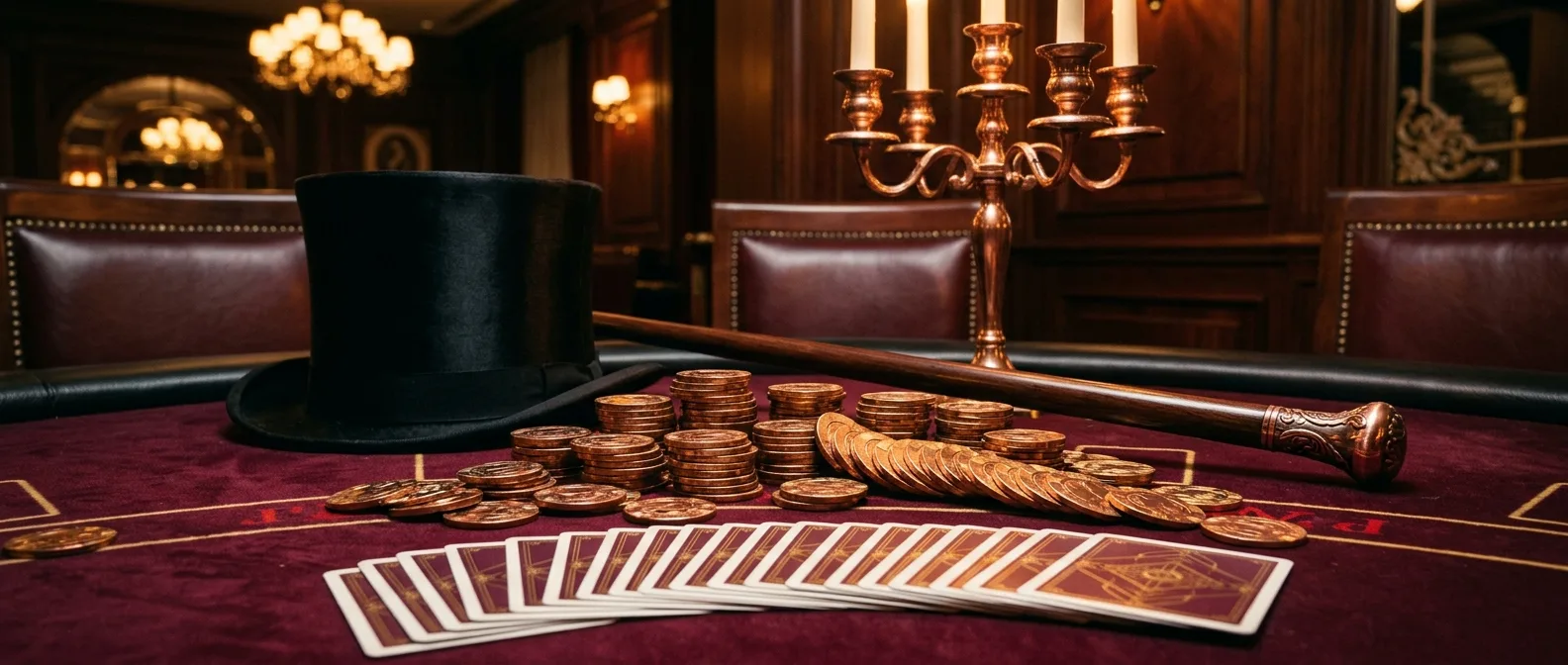 Burgundy and copper casino scene: top hat, cane and cascading gold chips on a velvet table